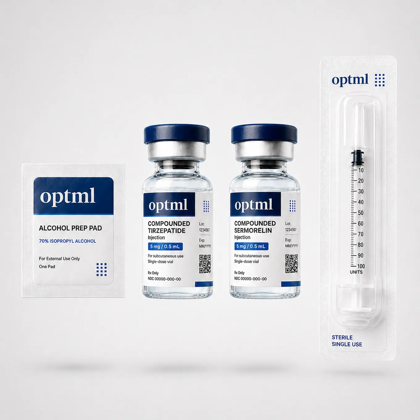 OPTML High-Performer Protocol kit: compounded tirzepatide and sermorelin vials, sterile syringe and alcohol prep pad