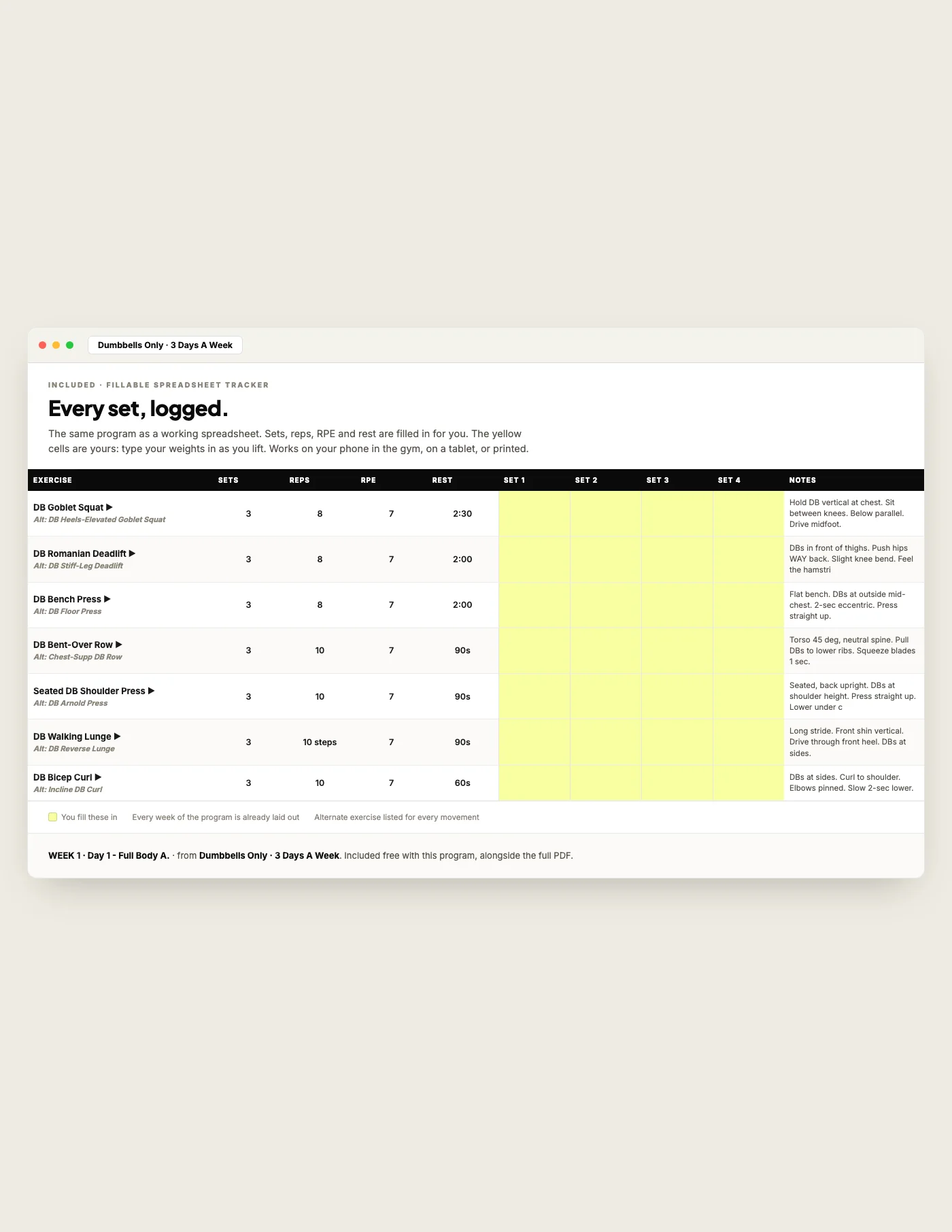 Dumbbell Only — 3 Day, fillable tracker