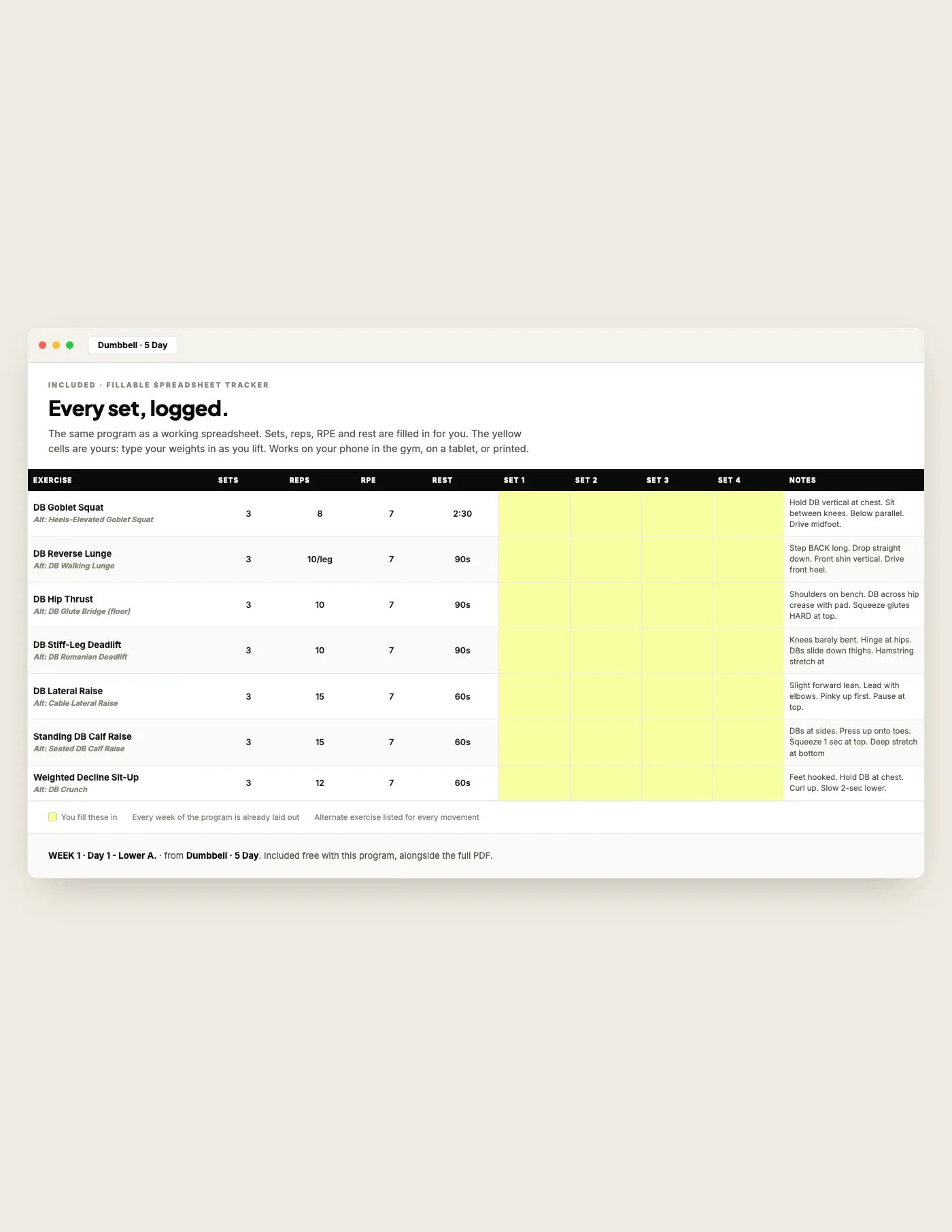 Dumbbell Only — 5 Day, fillable tracker