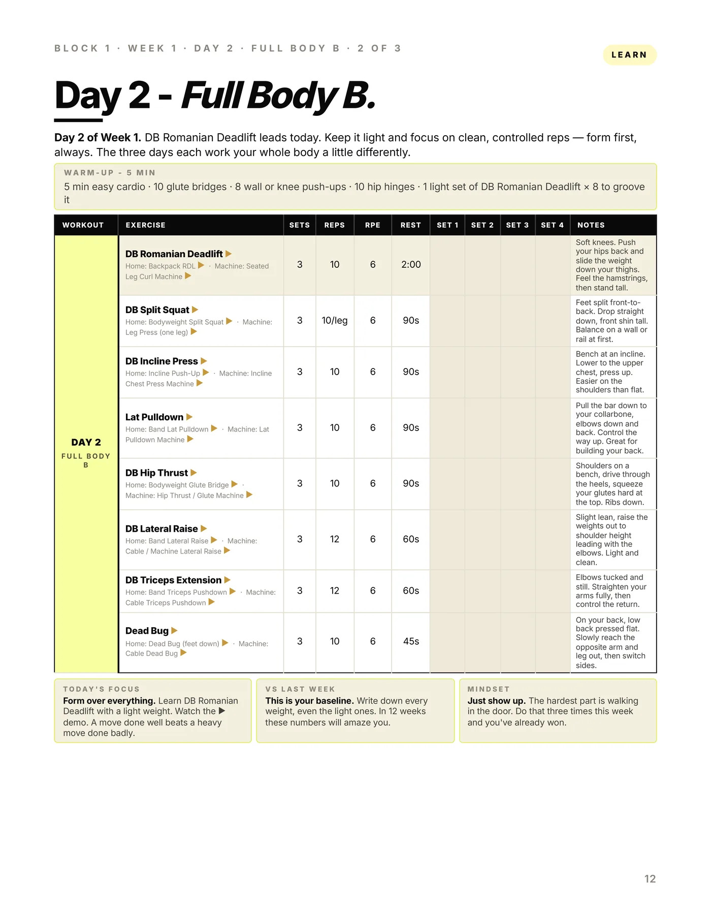 Your First 12 Weeks, a workout page