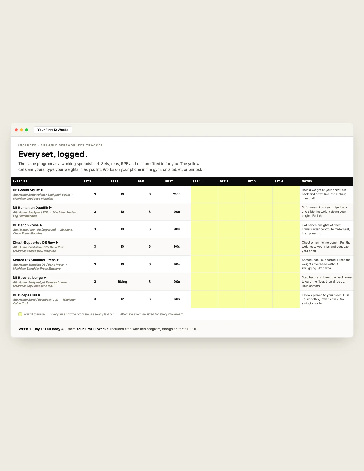 Your First 12 Weeks, fillable tracker