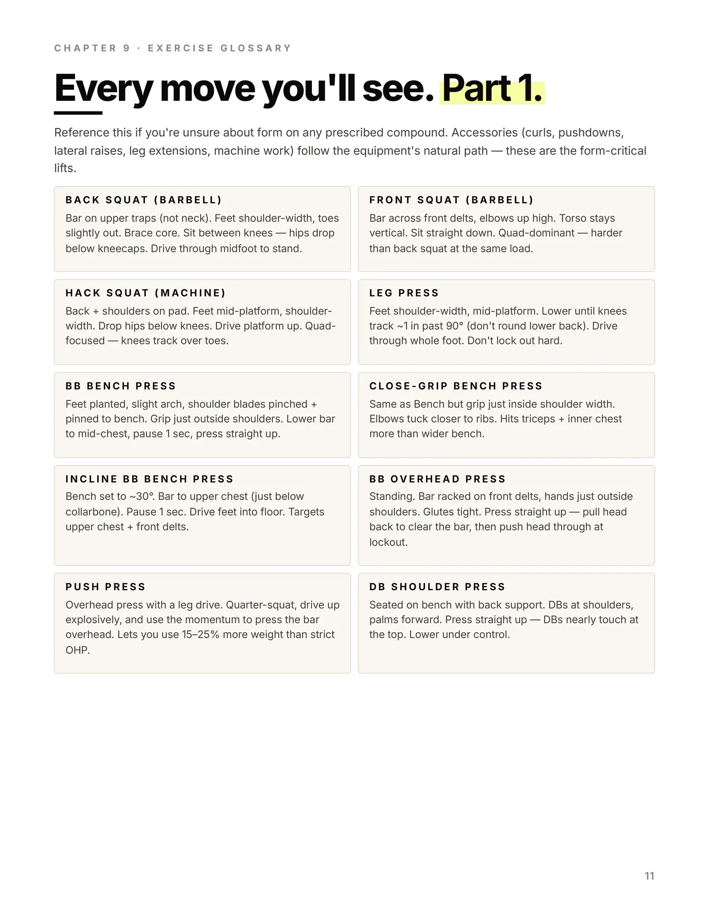 Full Body — 2 Day, exercise glossary