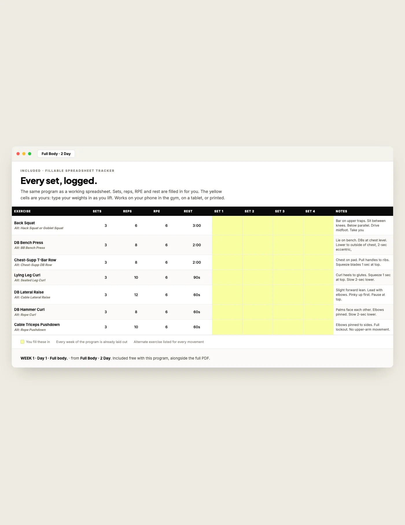 Full Body — 2 Day, fillable tracker