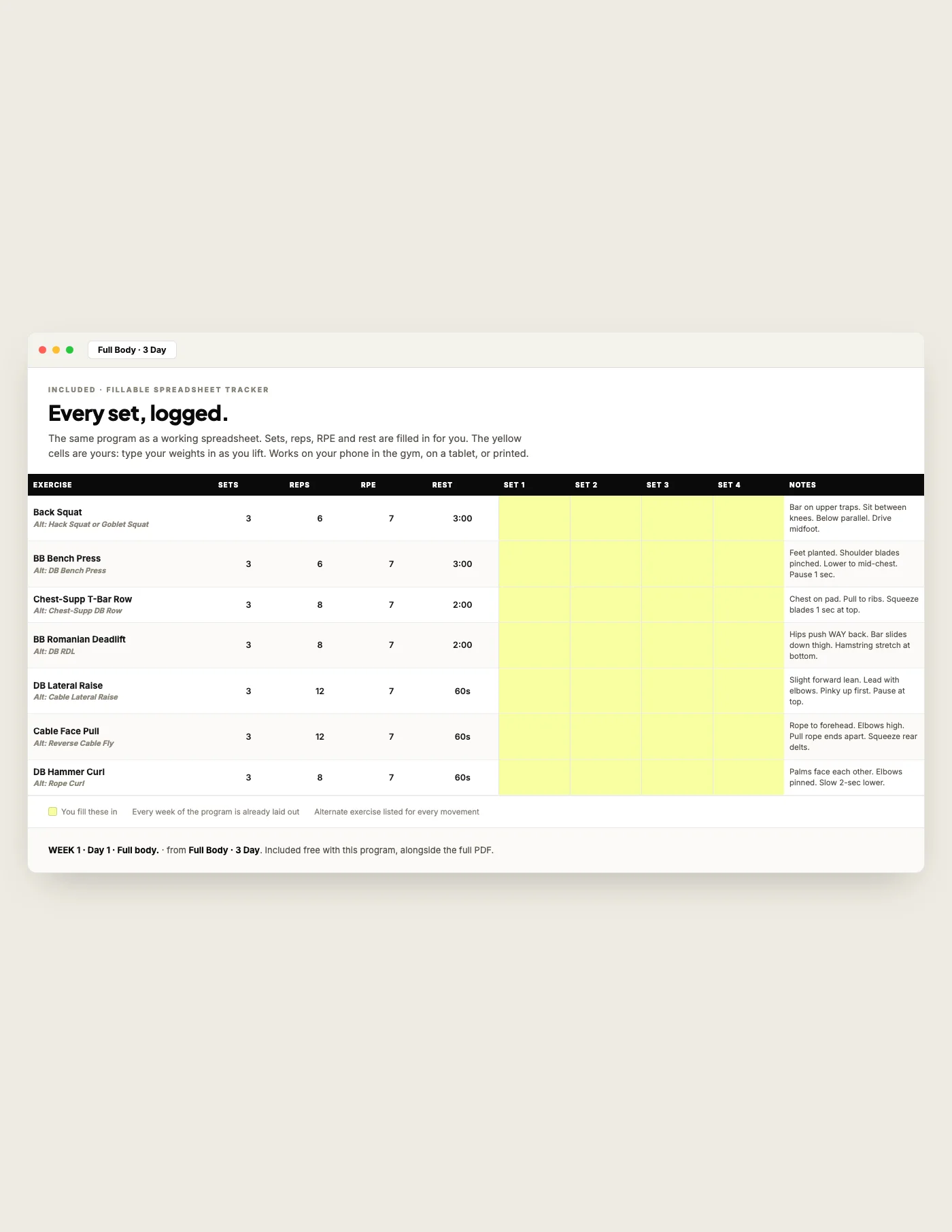 Full Body — 3 Day, fillable tracker