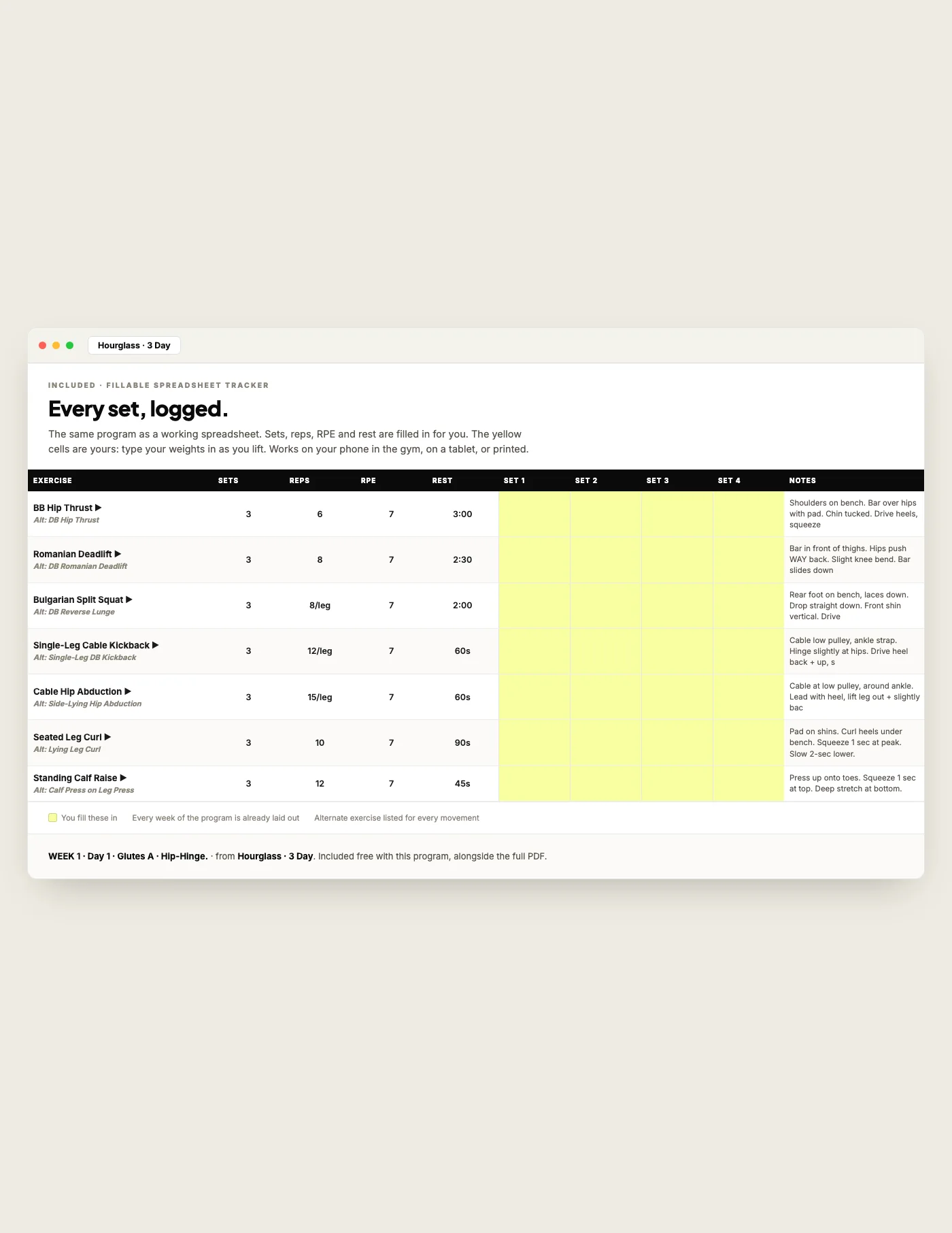 Hourglass — 3 Day, fillable tracker