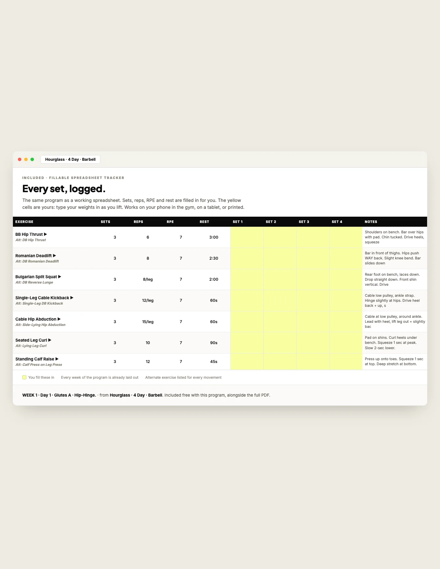 Hourglass — Barbell (4 Day), fillable tracker