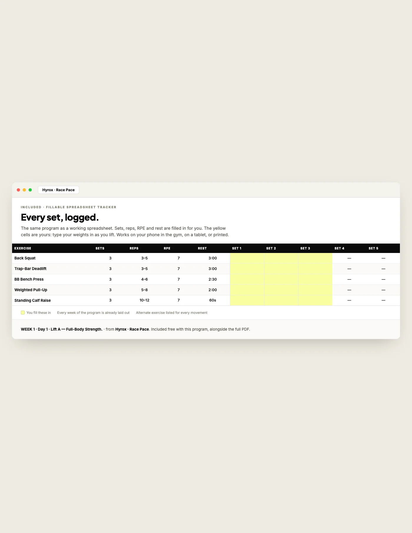 Hyrox Race Pace, fillable tracker