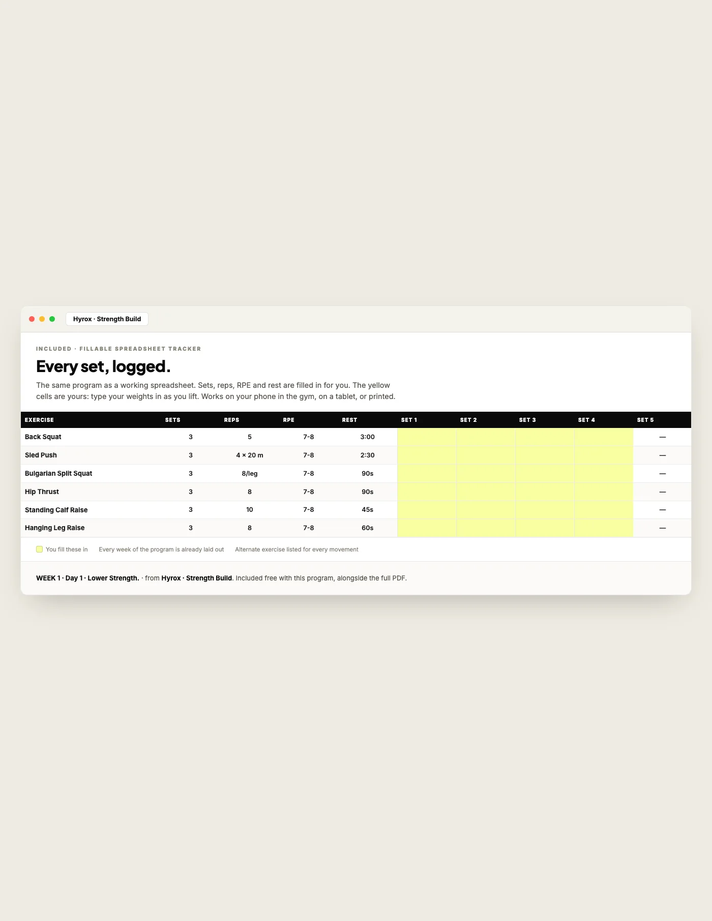 Hyrox Strength Build, fillable tracker