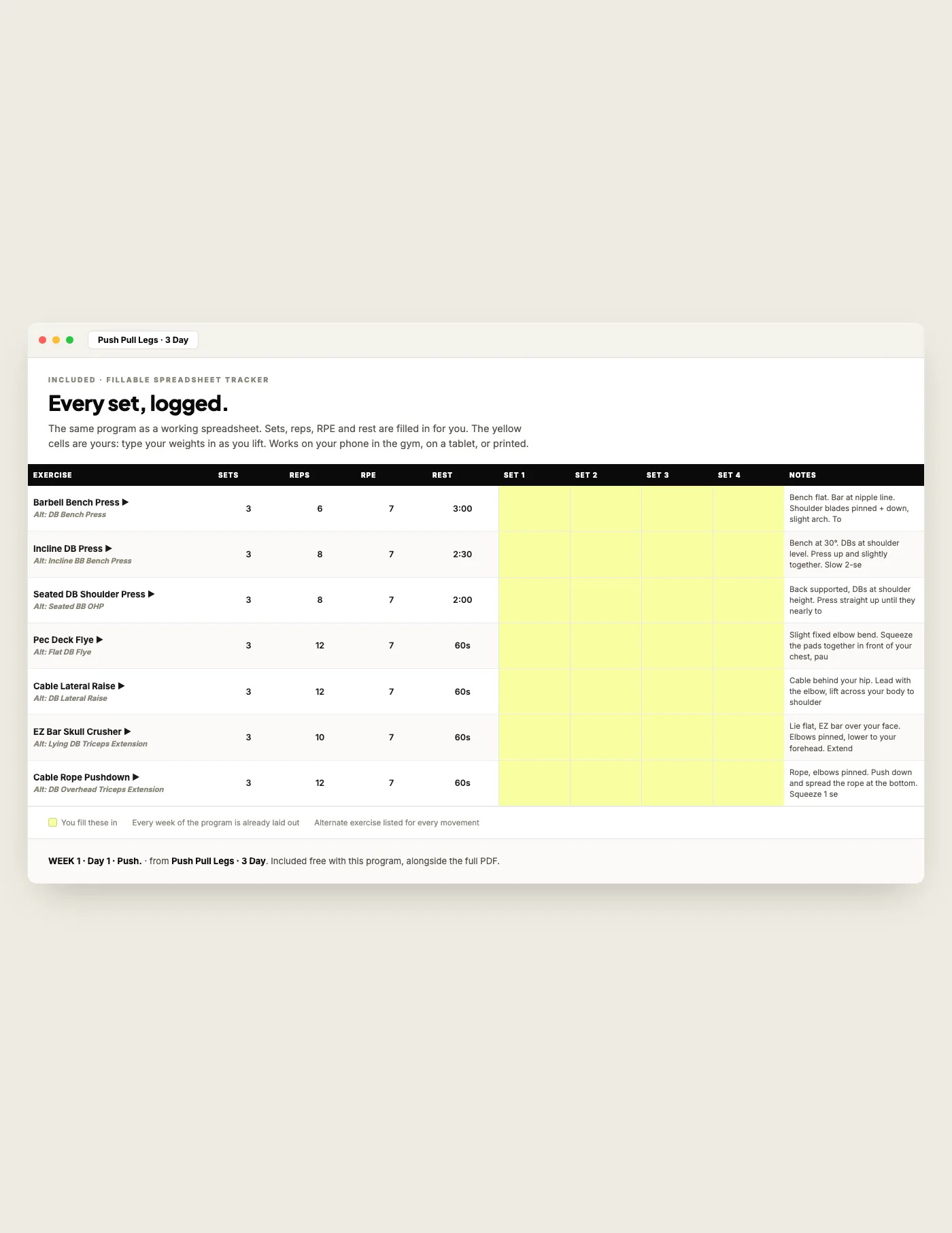 Push / Pull / Legs — 3 Day, fillable tracker