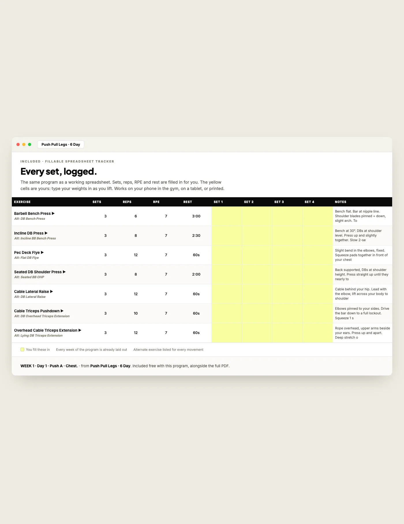 Push / Pull / Legs — 6 Day, fillable tracker