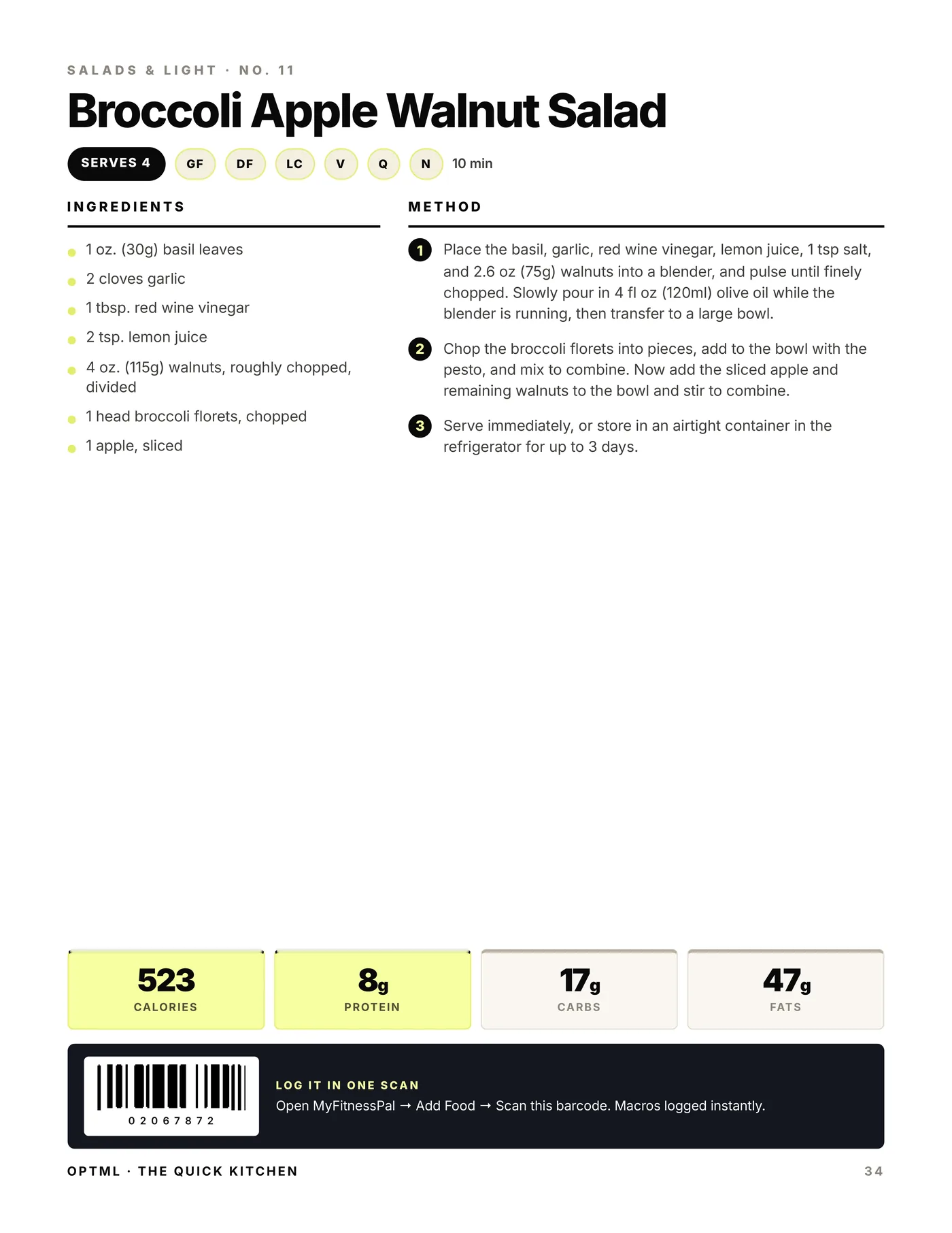 Quick Kitchen Recipes, macros + scan code