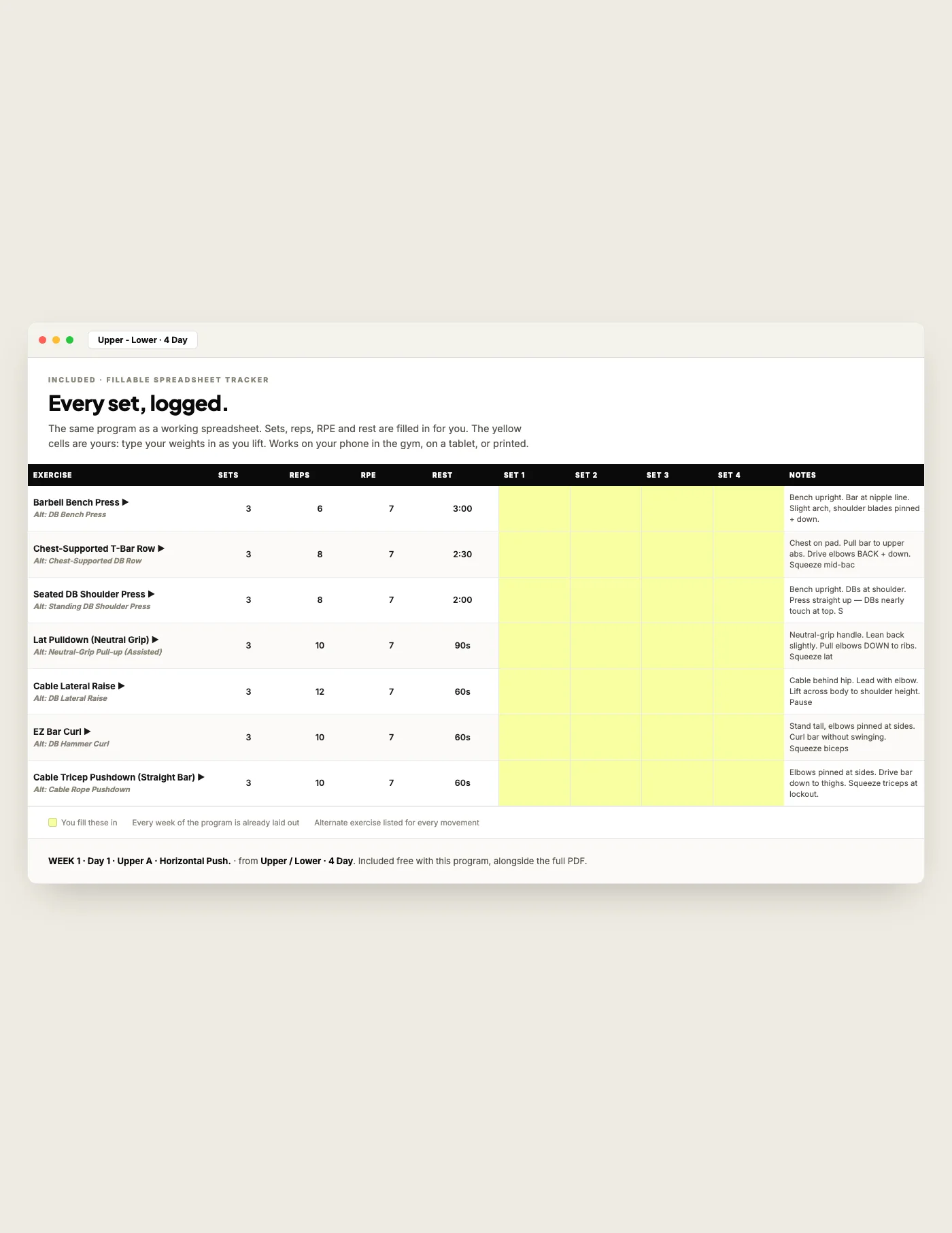 Upper / Lower — 4 Day, fillable tracker