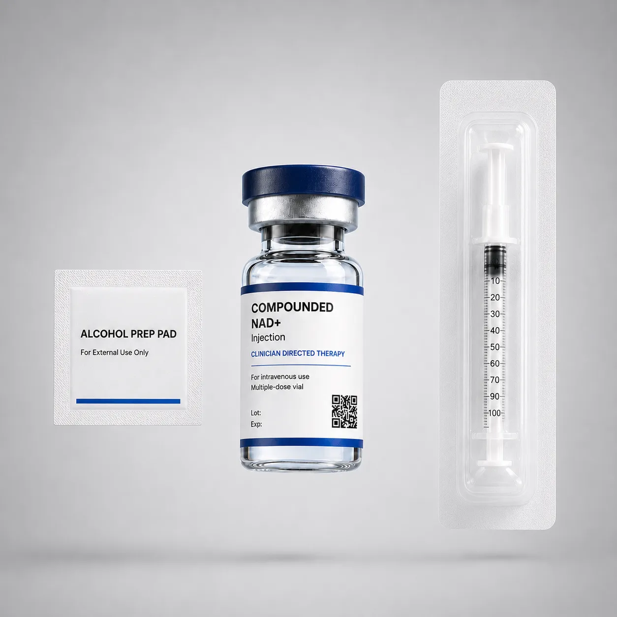 OPTML NAD+ kit: alcohol prep pad, vial, and pre-paired syringe