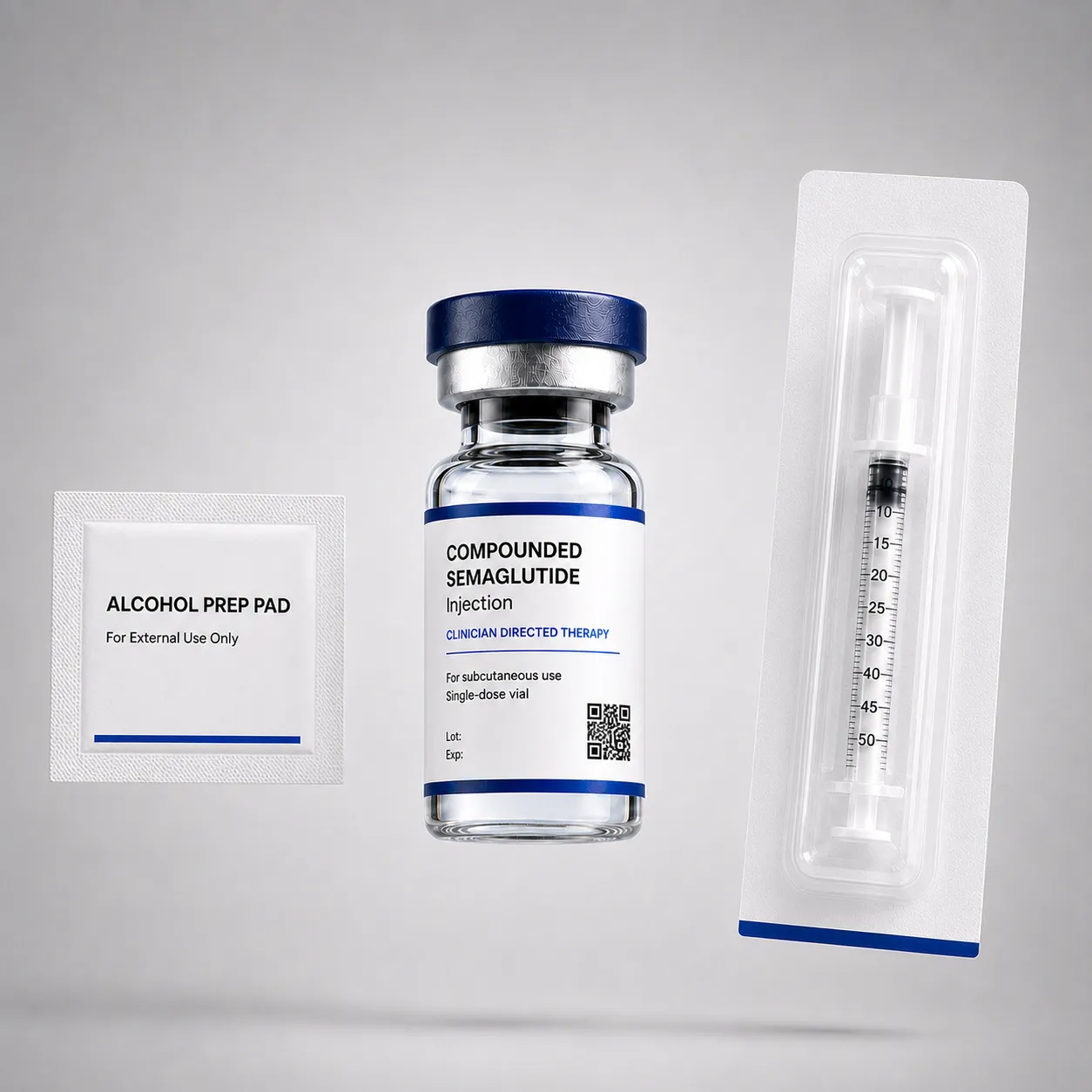 OPTML compounded semaglutide kit: alcohol prep pad, vial, and pre-paired syringe