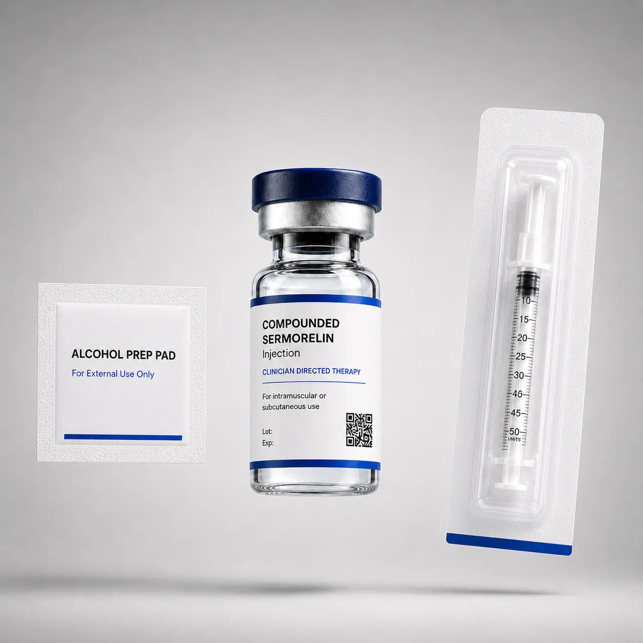OPTML compounded sermorelin kit: alcohol prep pad, vial, and pre-paired syringe