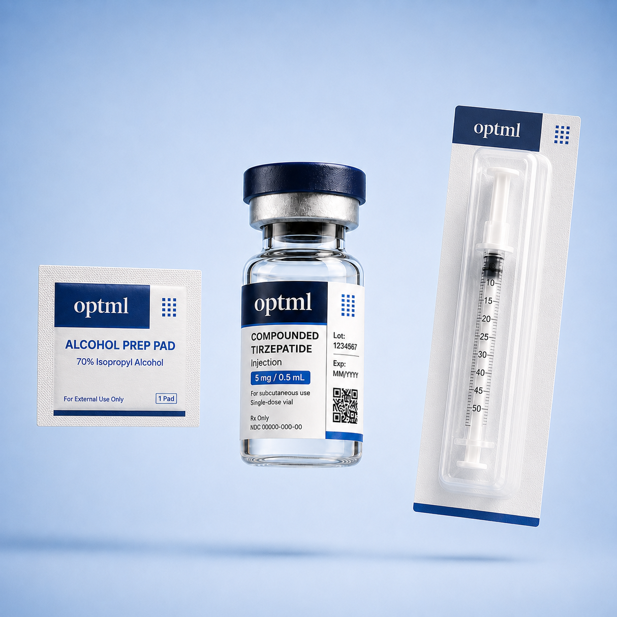 OPTML compounded tirzepatide kit: alcohol prep pad, vial, and pre-paired syringe