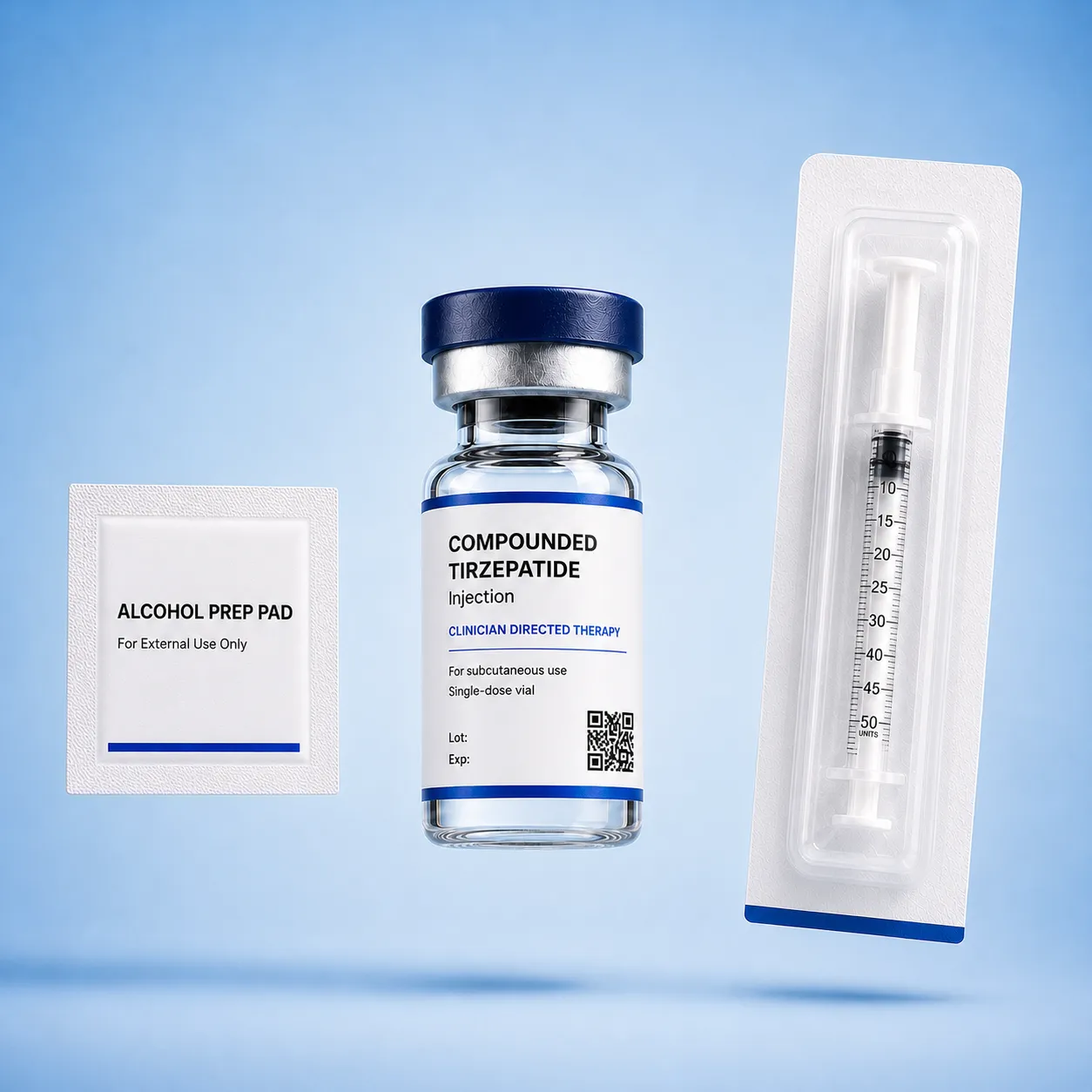 OPTML compounded semaglutide kit: alcohol prep pad, vial, and pre-paired syringe
